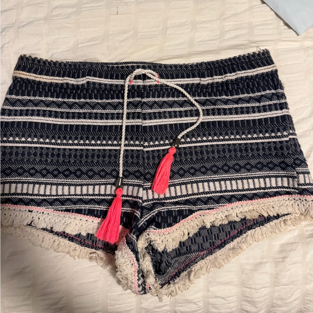 Mango Navy Striped Fringe Shorts with Pink Tassels - Picture 2 of 4